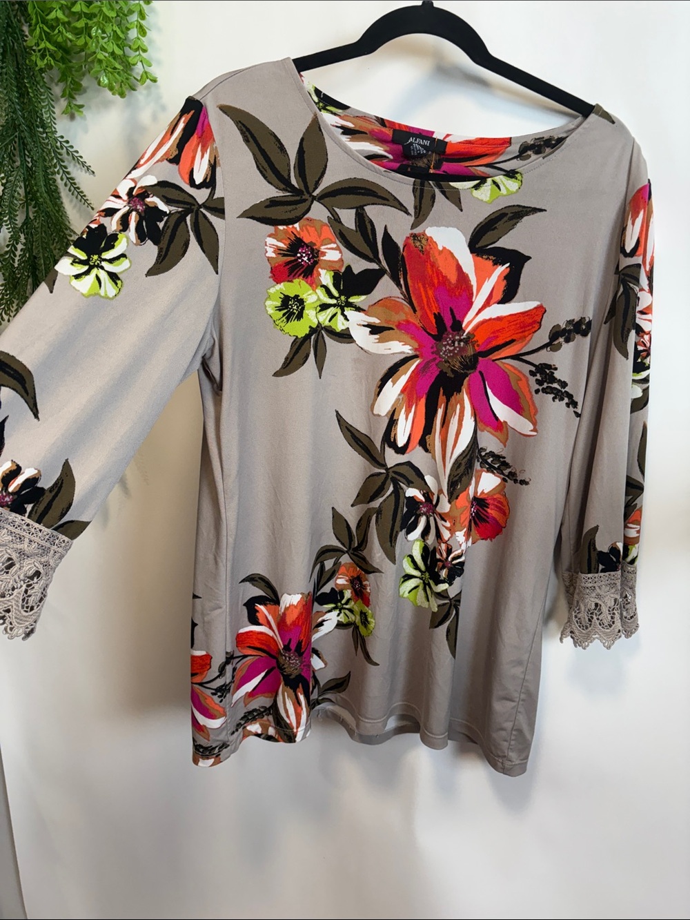 Alfani Taupe Long-Sleeve Floral Lace-Trim Top with Pink & Orange Blooms